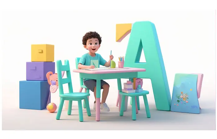 Kid Studying at the Table 3D Cartoon Illustration